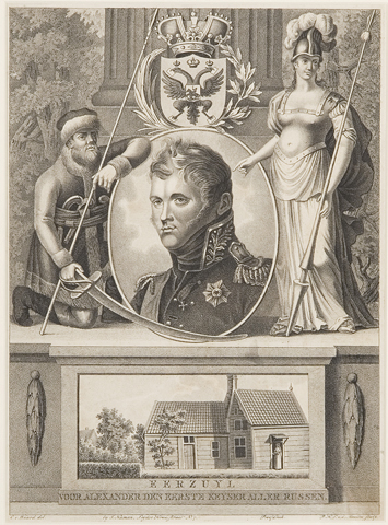J. Numan en C. van Waard en P.H.L. van der Meulen, Alexander I, met afbeelding van Czaar Peterhuisje (1793 - 1814), prent, werk op papier, Inventarisnummer R1672
