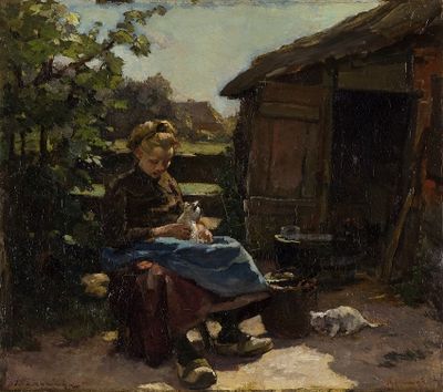 J.E.H. Akkeringa, Meisje met katje spelend (1900), olieverf op doek, 40,5 x 45,5 cm