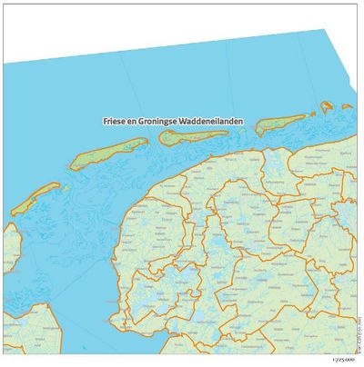 Kaart van de Friese en Groningse Waddeneilanden.
