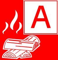 Brandklasse A is een rood met wit vierkant, waar brandend hout en een A op staat.