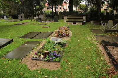 Op een historische begraafplaats liggen veel bloemen en planten op een graf.