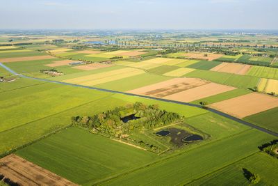 Luchtfoto van de Maas en de Waal. Ze meanderen door de groene weilanden en akkers.