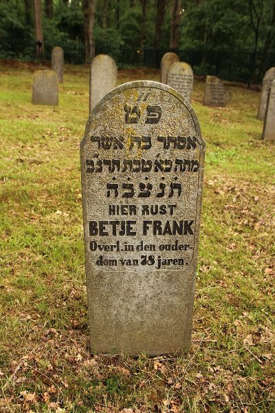 Foto van de Stele (grafsteen) voor Betje Frank, gestorven in 1892 op 78 jarige leeftijd, op de joodse begraafplaats van Dwingeloo.
