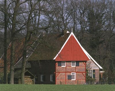Korenspiker in Winterswijk. Het gebouwtje staat in een weiland en eromheen staan kale bomen. Het huis heeft rode-bruine accenten.