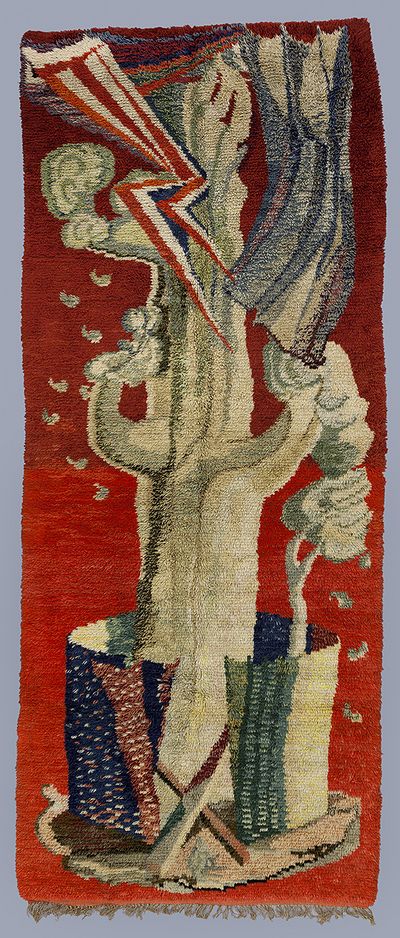 Ch. Roelofsz, Bliksem (1948), boomstam en heining opm rood, wol, 350 x 130 cm