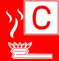 Brandklasse C is een rood met wit vierkant, waar een gaspit en een C op staat.