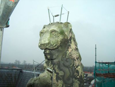 Een leeuw bovenop een gebouw met kroontje van afgeveerde draden.