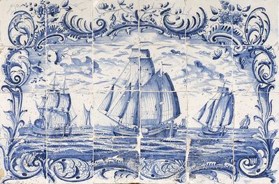 G. Sytses, Tegeltableau blauw beschilderd met zeegezicht, keramiek, tegel, 51 x 78 centimeter, Inventarisnummer LM01165