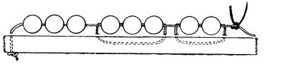 Een tekening die laat zien hoe je een veiligheidsknoop legt in textiel waar kralen aan zitten.