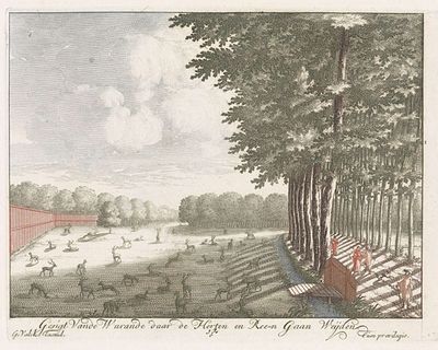 Een ingekleurde prent uit 1695 met een grasveld waar veel herten lopen. Het grasveld is afgezet met een rood hek en een slot. Naast de sloot staat een rij met bomen en loopt een weg waar mensen wandelen.