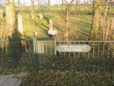 Joodse begraafplaats. De ingang bestaat uit een hekje met een naambord waarop staat Joodse begraafplaats Tacozijl. Het is omringd door bomen.