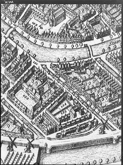 Detail van de kaart van Leiden, gemaakt door Blaeu, 1649.