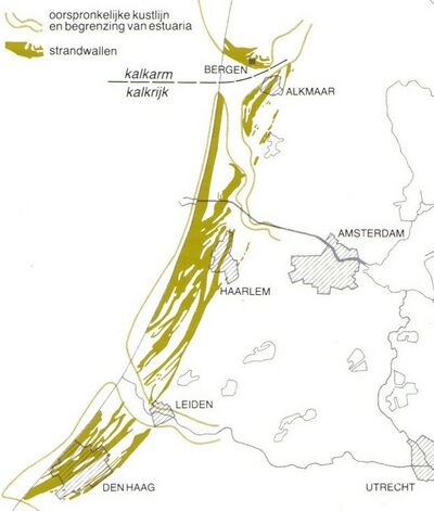 Een kaart met daarop De ligging van de strandwallen tussen Den Haag en Alkmaar.