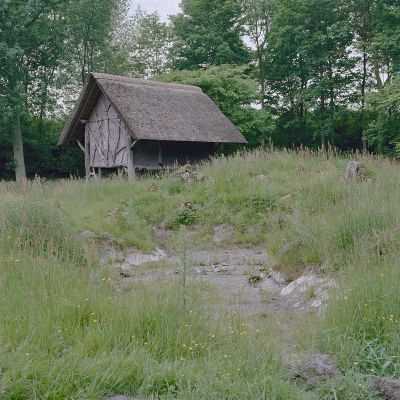 Een hertenhuisje in een ruig grasgebied. Het huisje is gemaakt van boomstammen en heeft een dak van stro. De bomen achter het huisje staan in bloei.