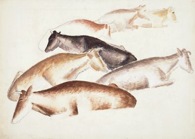 L. Gestel, Zonder titel (Liggende koeien)(1926), gouache, 49.9 x 69.9 centimeter, Inventarisnummer R7108