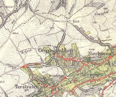 Oude topografische kaart waarop de holle wegen goed te zien zijn.