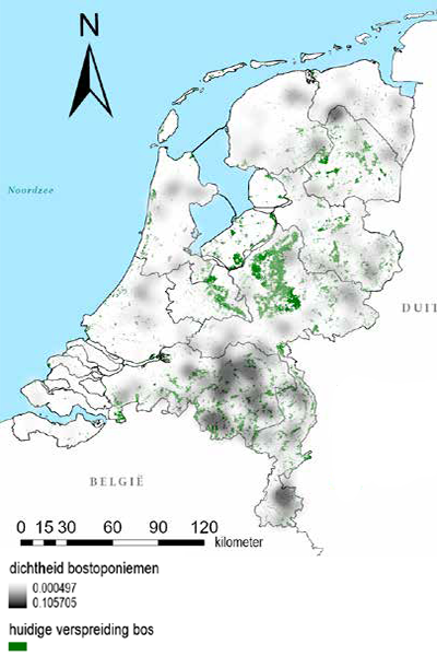 Kaart met de verspreiding van middeleeuwse bosnamen vergeleken met die van het hedendaagse bos