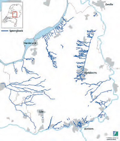 Topografische kaart met de ligging van alle sprengbeken op de Veluwe.