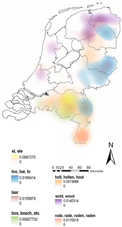 Kaart met zwaartepunten in de verspreiding van verschillende middeleeuwse bostoponiemen en bostypen