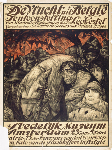 L. Gestel; Drukkerij Gestel & Zn., De Vlucht uit België (1916), affiche, inkt op papier, 105.5 x 80 centimeter, Inventarisnummer R8221