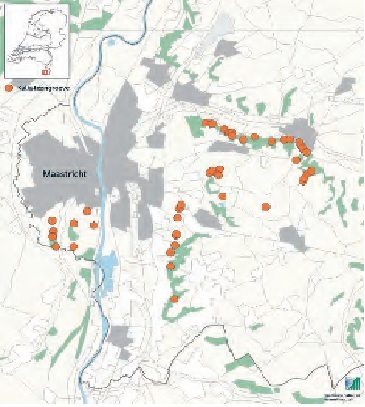 Kaart met daarop de Ligging van de ‘meest waardevolle’ onderaardse kalksteengroeven in Zuid-Limburg.