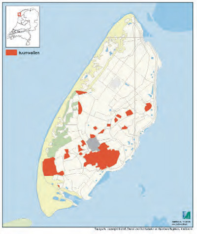 Kaart van Texel met de verspreiding van de tuinwallen op het eiland.