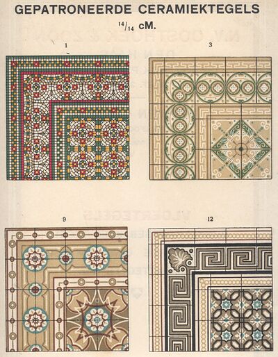 4 kunstmotieven op papier getekend die dienen als voorbeeld in een catalogus.