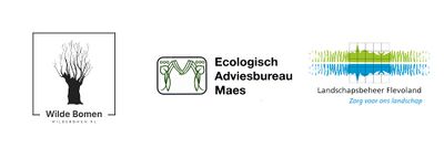 Logo's van de betrokken partijen: Wilde Bomen (wildebomen.nl), Ecologisch adviesbureau Maes en Landschapsbeheer Flevoland