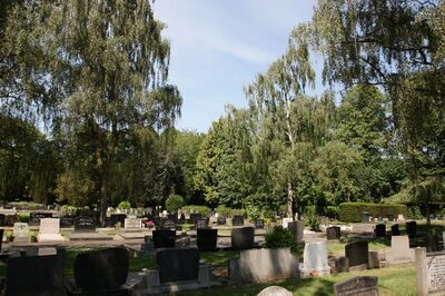 Een begraafplaats met lage grafstenen en daaromheen treurwilgen en andere bomen.