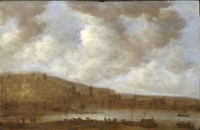 een schilderij met zicht op een stad aan een rivier
