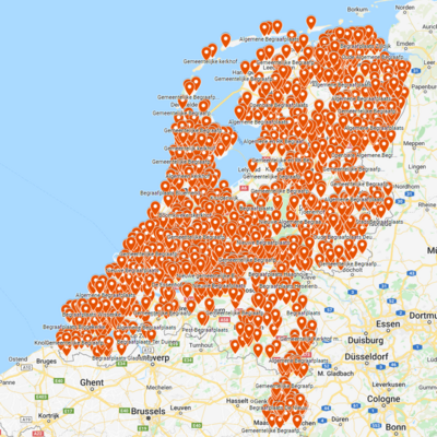 Kaart met de gemeentelijke begraafplaatsen in Nederland