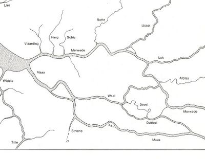 Kaart met daarop de Rivierlopen in het Maasmondgebied omstreeks het jaar 1000.