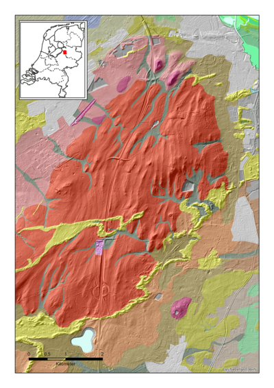 Geomorfologische kaart met schaduwreliëf van het AHN-hoogtebeeld