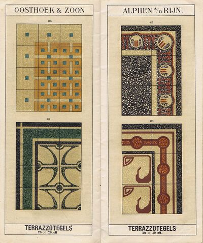 Terrazzotegels in catalogus van Oosthoek & Zoon. De vier motieven zijn in Jugendstil stijl gemaakt en het zijn allemaal hoektegels.