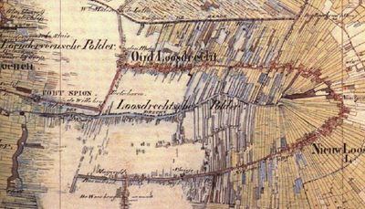 Een kaart met daarop afgebeeld De Drecht, de ring van bebouwing en de ‘Ster van Loosdrecht’ in de Loosdrechtsche Polder.