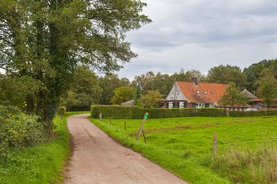 Dalhuisweg in Hoge Lutte. Links een oprijlaan en rechts in de achtergrond een huis.