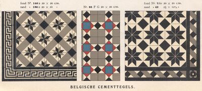 Voorbeeldtekening van Belgische cementtegels. Drie patronen, waarvan 2 zwart-wit zijn.
