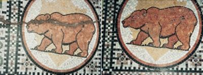 Twee foto's van beren in een terrazzo-vloer, voor en na restauratie
