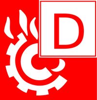 Brandklasse D is een rood met wit vierkant, waar een tandwiel en een D op staat.