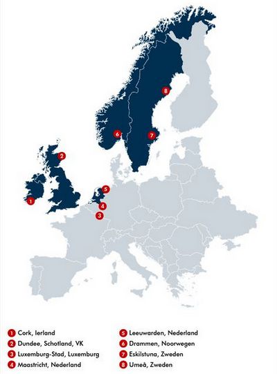 Kaartje van Europa met daarop locaties waarop het project betrekking heeft gehad
