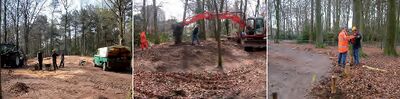 Werklui zijn een grafheuvel aan het herstellen middenin een bos / Herstelwerkzaamheden aan een grafheuvel met behulp van een graafmachine / Werklui staan te overleggen bij herstelwerkzaamheden bij een grafheuvel in een bos