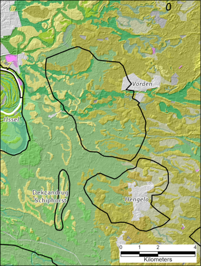 Fragment van de geomorfologische kaart met schaduwreliëf van het AHN-hoogtebeeld