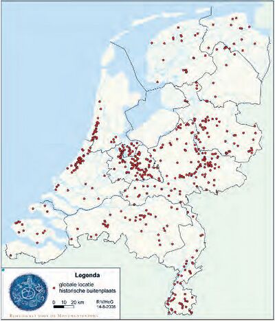 Kaart van Nederland met daarop de locaties van historische buitenplaatsen