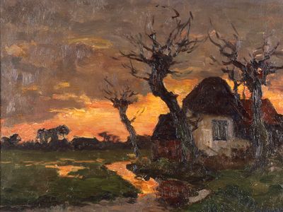 C.B. Dankmeijer, Polderlandschap bij avond (1900-1920), olieverf op doek, 55 x 70 x 3.5 centimeter, Inventarisnummer E39