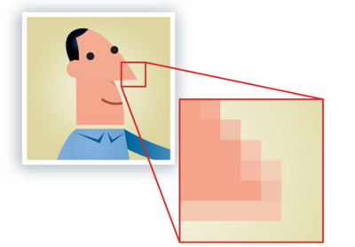 Tekening van een foto van een man waar op zijn neus wordt ingezoomd en er enkel pixels te zien zijn