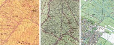 Drie kaarten van de omgeving Kwadijk, ten noorden van Purmerend, rond resp. 1857, 1892 en 1990.
