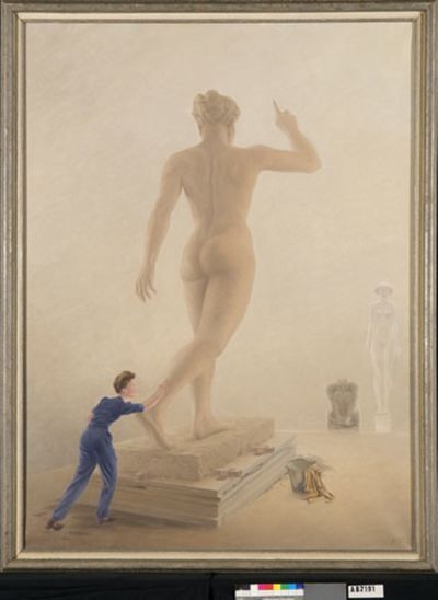 schilderij van man met grote sculptuur