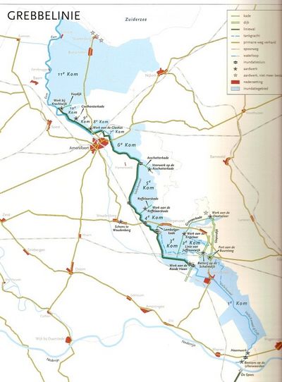 Kaart met daarop De verdedigingswerken en inundatiegebieden van de Grebbelinie.