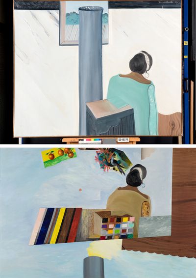 Twee schilderijen van een vrouw van achteren te zien