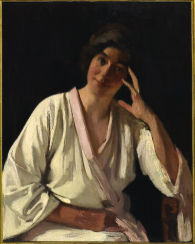 Geschilderd portret van Marie Witsen-Schorr in witte kimono